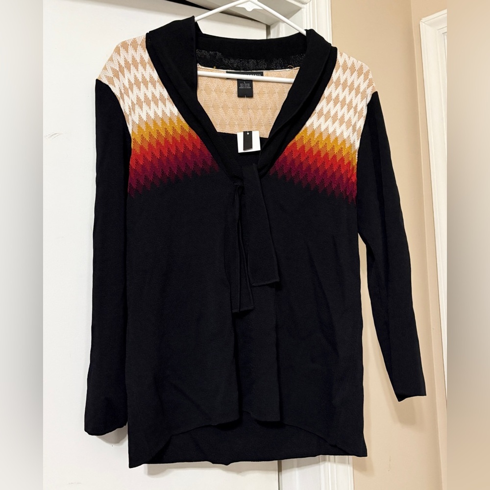 New Grace Elements Chevron Black Knit Tie Front Sweater Size Large